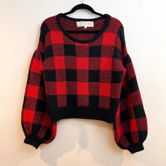 Jen's Pirate Booty Plaid Red Scoop Neck Holiday Balloon Sleeve Bohemian Sweater - Picture 2 of 8